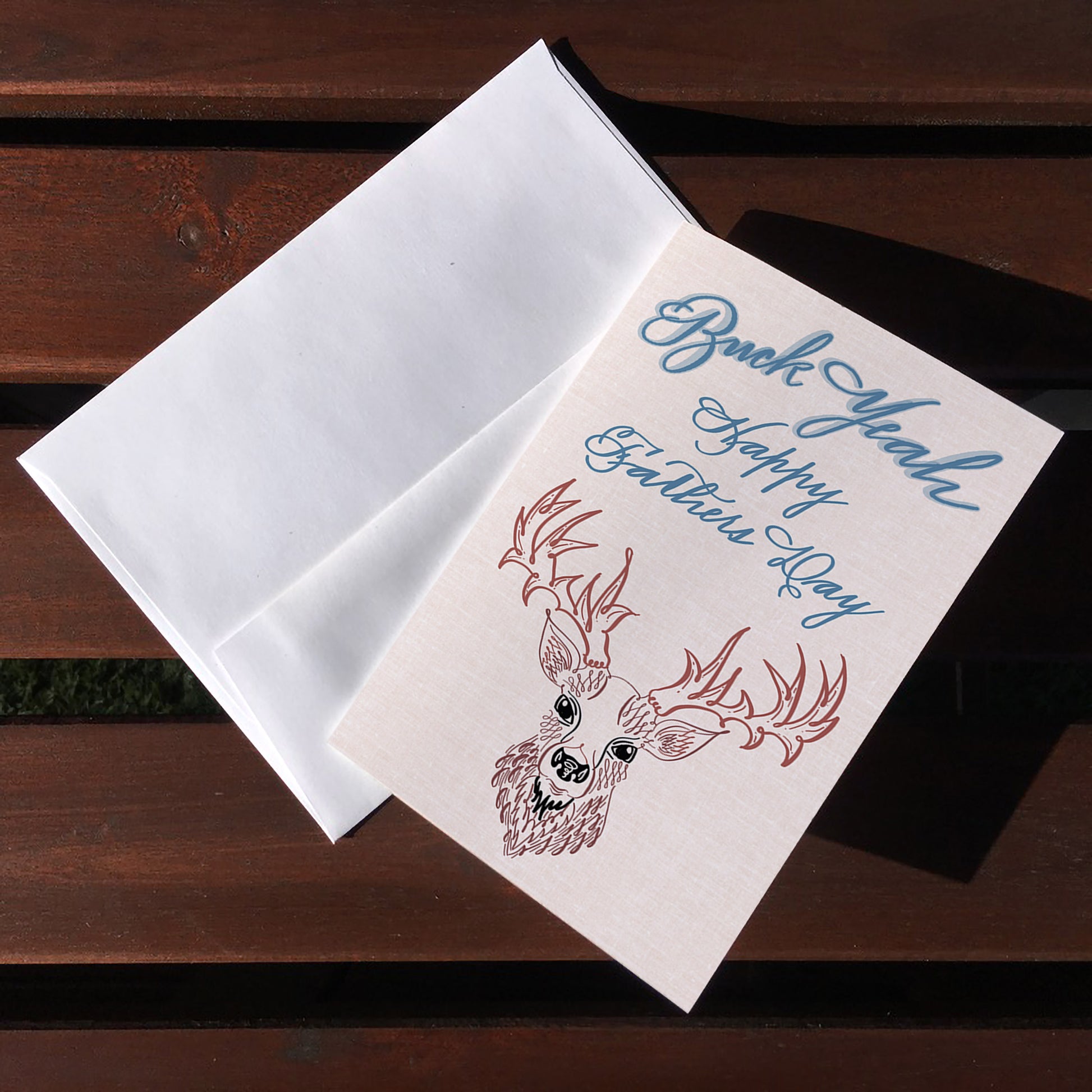 A top view of the Toronto Calligraphy pun greeting card: "Buck Yeah - Happy Fathers Day"
