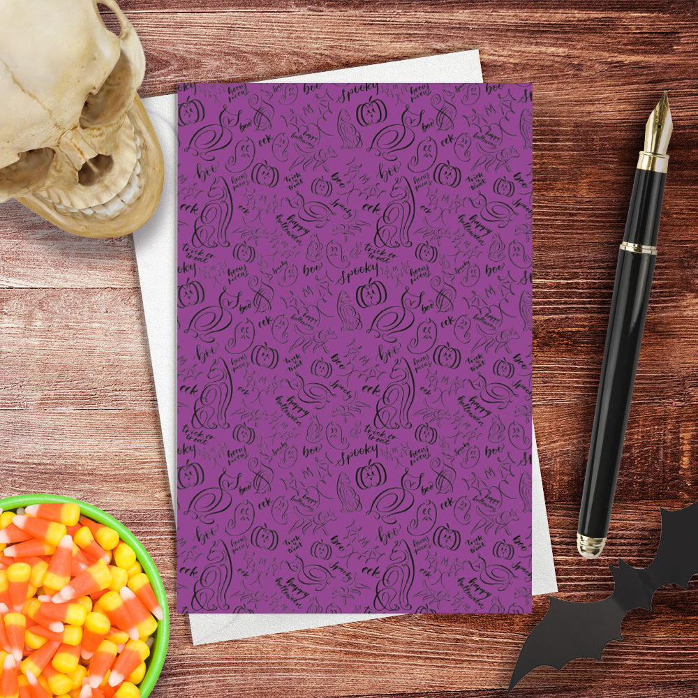 A lifestyle view of the halloween calligraphy card: "monster mash (heavy design)" repeating pattern