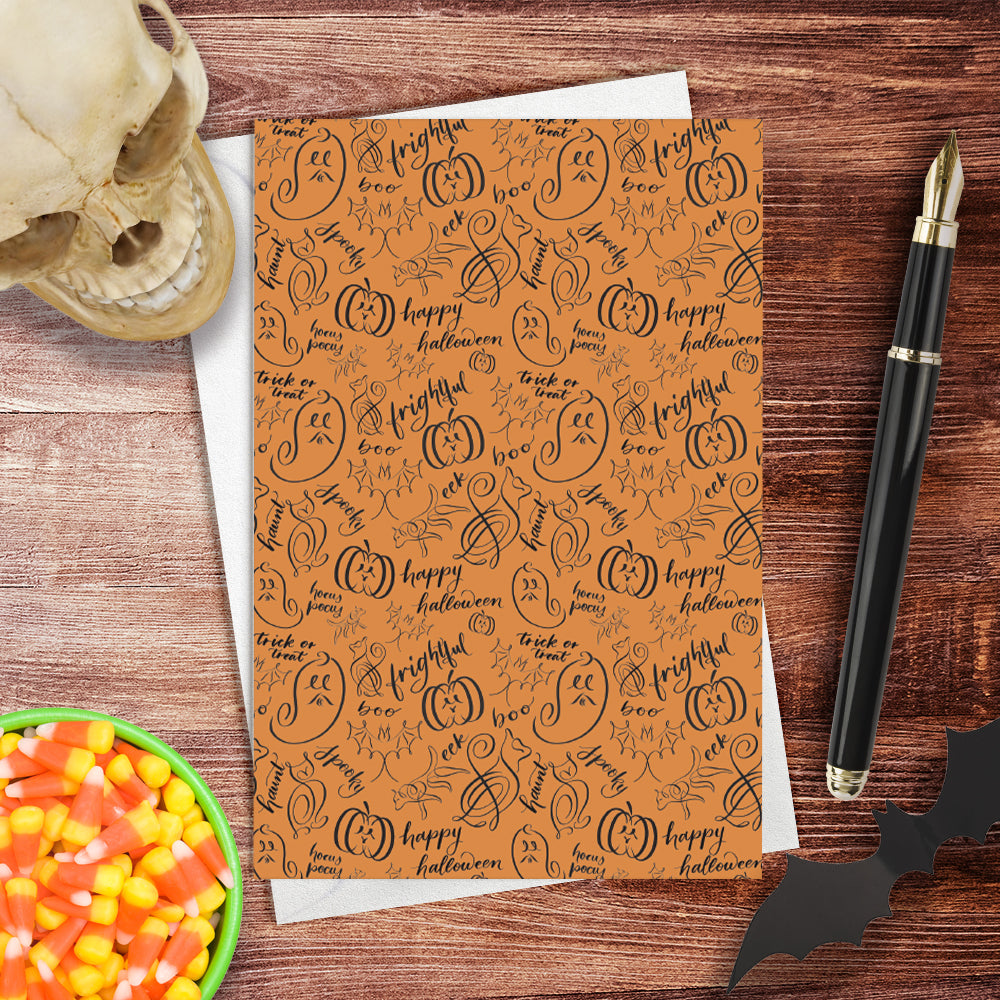 A lifestyle view of the halloween calligraphy card: "monster mash (light design)" repeating pattern
