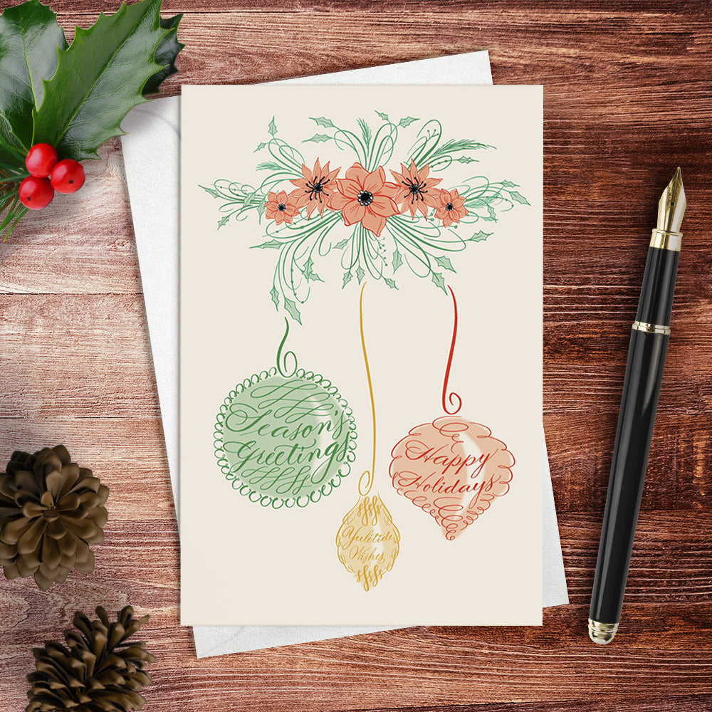 Holiday Ornaments calligraphy greeting card lifetstyle image - Calligraphy drawing by Nibs and Scripts