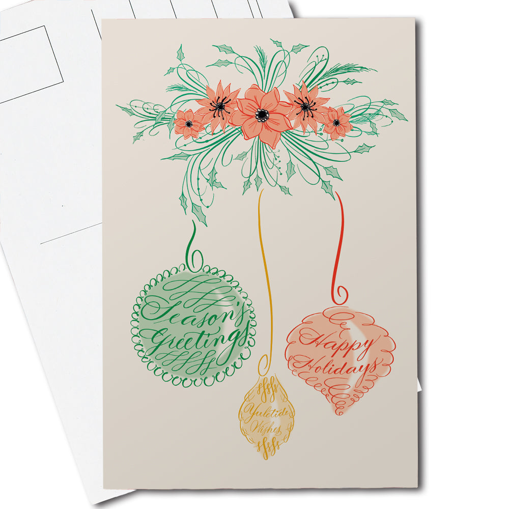 Holiday Ornaments calligraphy postcard thumbnail image - Calligraphy drawing by Nibs and Scripts