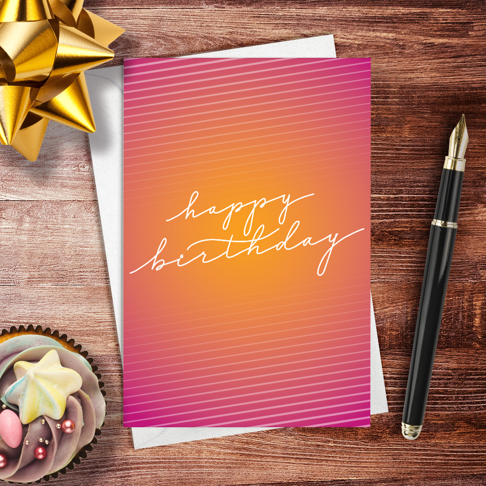 Happy birthday calligraphy postcard on a desktop with pen | Nibs and Scripts, Toronto Stationery