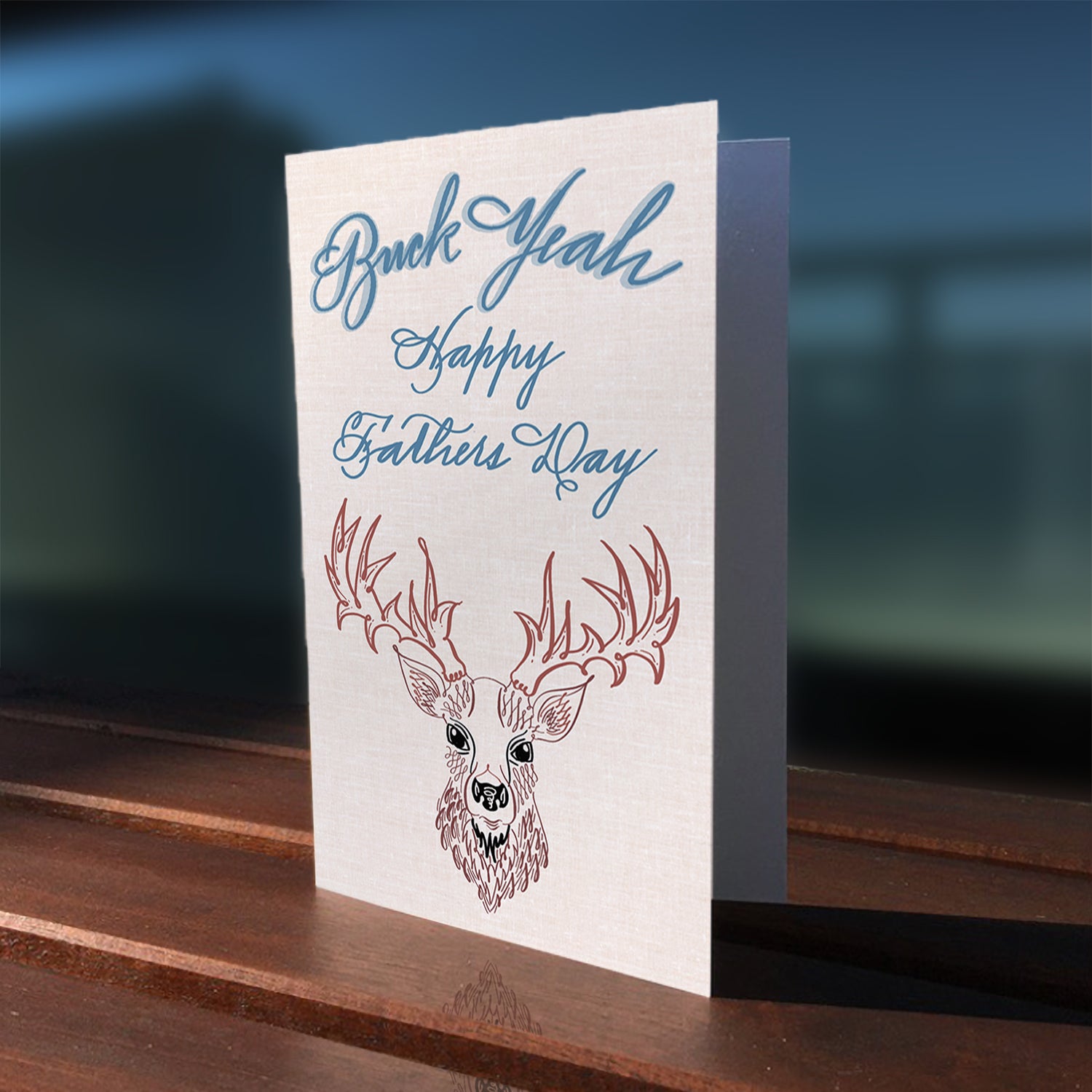 A lifestyle view of the Toronto Calligraphy pun greeting card: "Buck Yeah - Happy Fathers Day"