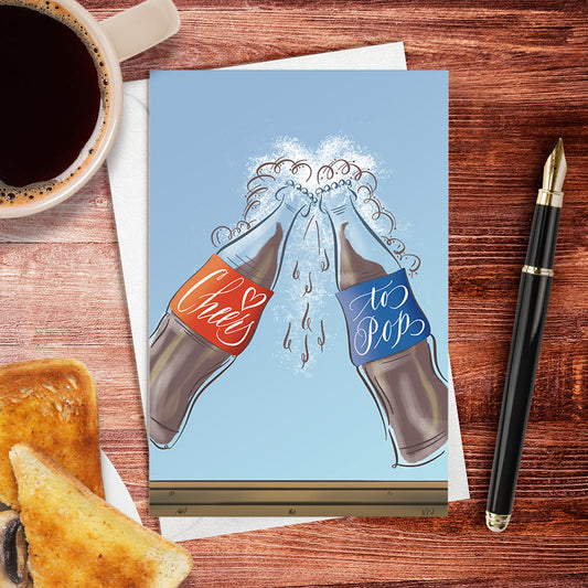 Lifestyle desk image - Cheers to Pop | Father’s Day calligraphy greeting card