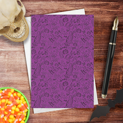A lifestyle view of the halloween calligraphy card: "monster mash (heavy design)" repeating pattern