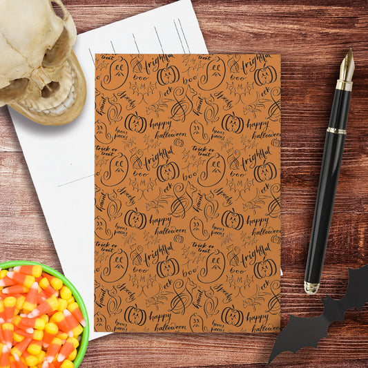 A lifestyle view of the halloween calligraphy card: "monster mash (light design)" repeating pattern