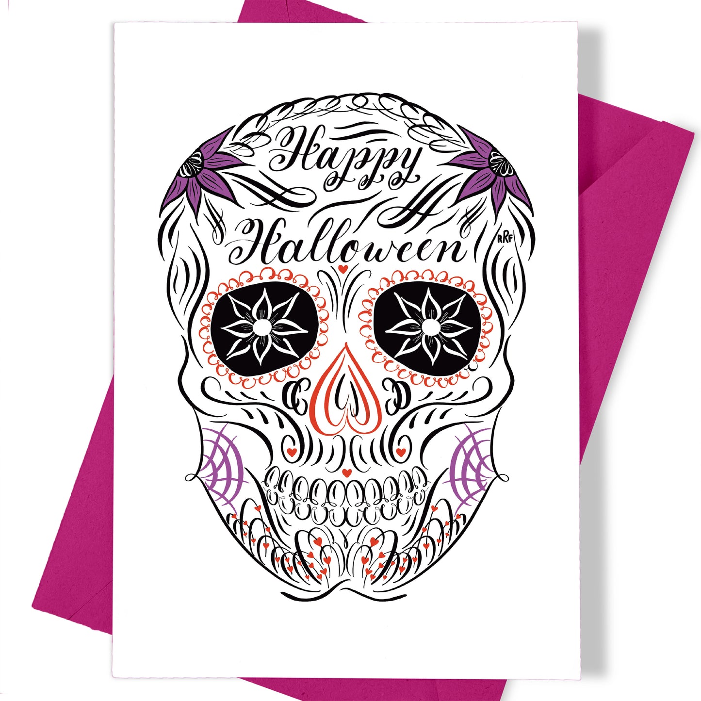 A thumbnail view of the Halloween calligraphy postcard: "sugar skull" design