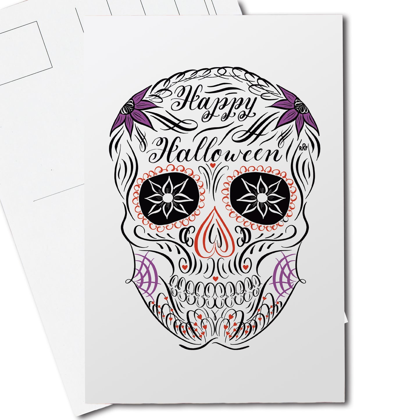 A thumbnail view of the halloween calligraphy postcard "sugar skull" design