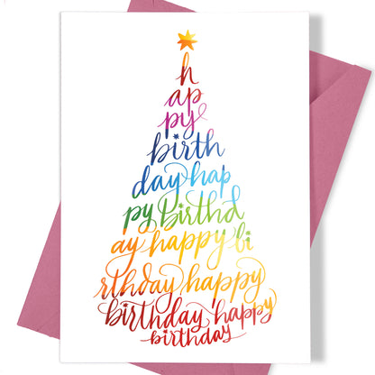 A thumbnail view of the greeting card: "Happy Birthday" written with modern calligraphy in the form of a party hat
