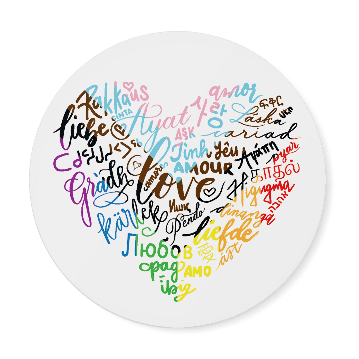 Thumbnail isolated sticker image: love in different languages filling the shape of a heart. abstract calligraphy