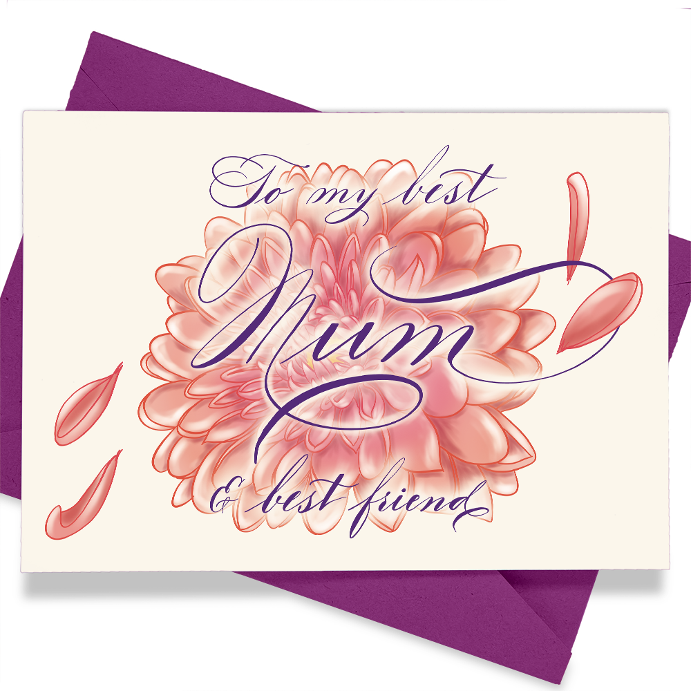 A thumbnail image of the Mother's Day calligraphy greeting card: "To my best mum and best friend" - chrysanthemum illustration 