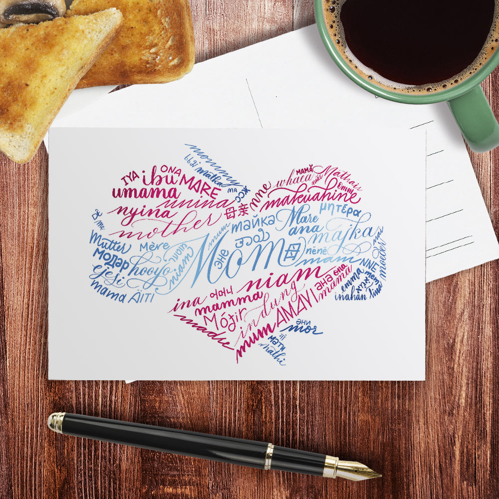 Lifestyle image of a heart tattoo greeting card with "Mom" in different languages