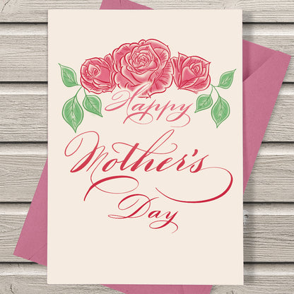 A lifestyle view of the Mother's Day calligraphy greeting card: Happy Mother's Day with vintage rose illustration