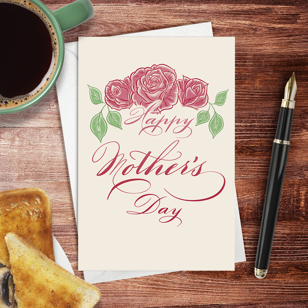 A desktop lifestyle view of the Mother's Day calligraphy greeting card: Happy Mother's Day with vintage rose illustration