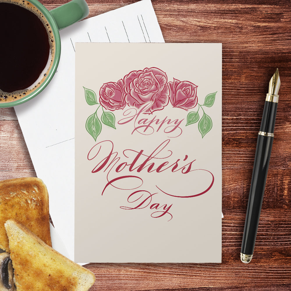 A desktop lifestyle view of the Mother's Day calligraphy postcard: Happy Mother's Day with vintage rose illustration