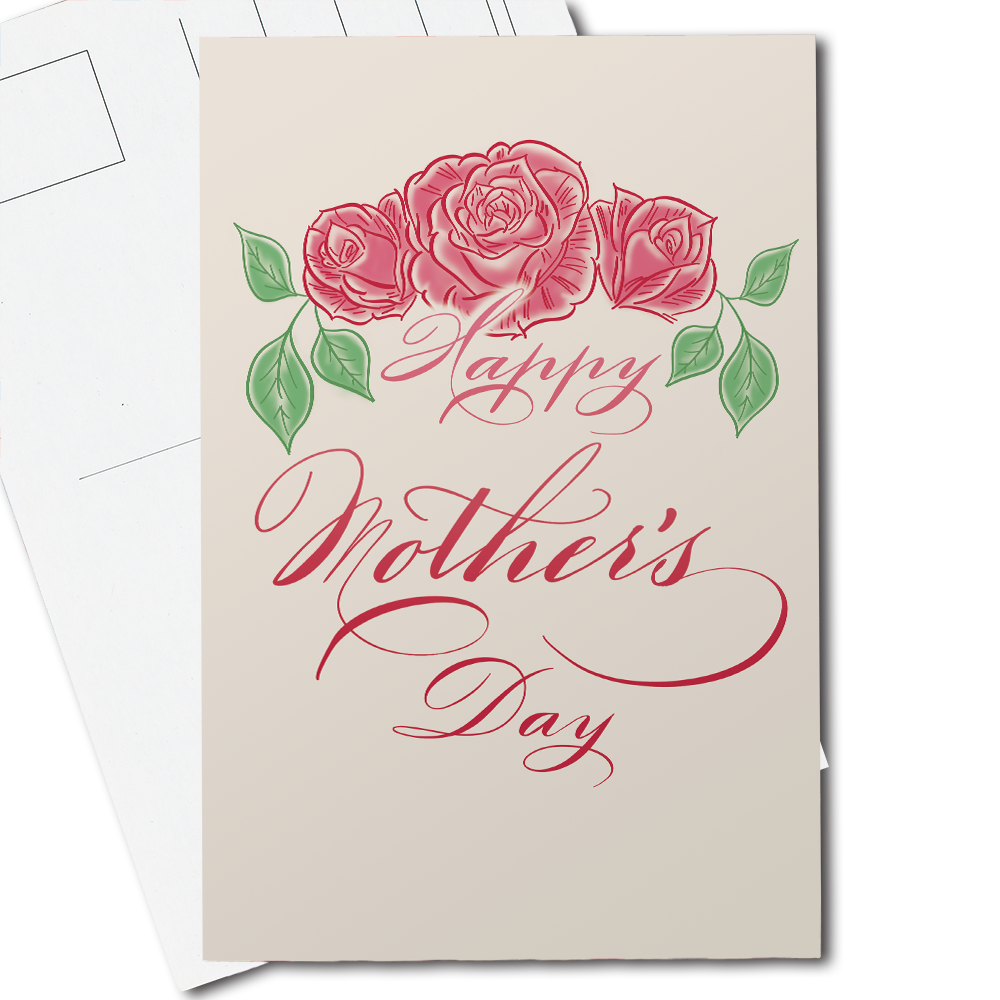 A thumbnail view of the Mother's Day calligraphy postcard: Happy Mother's Day with vintage rose illustration