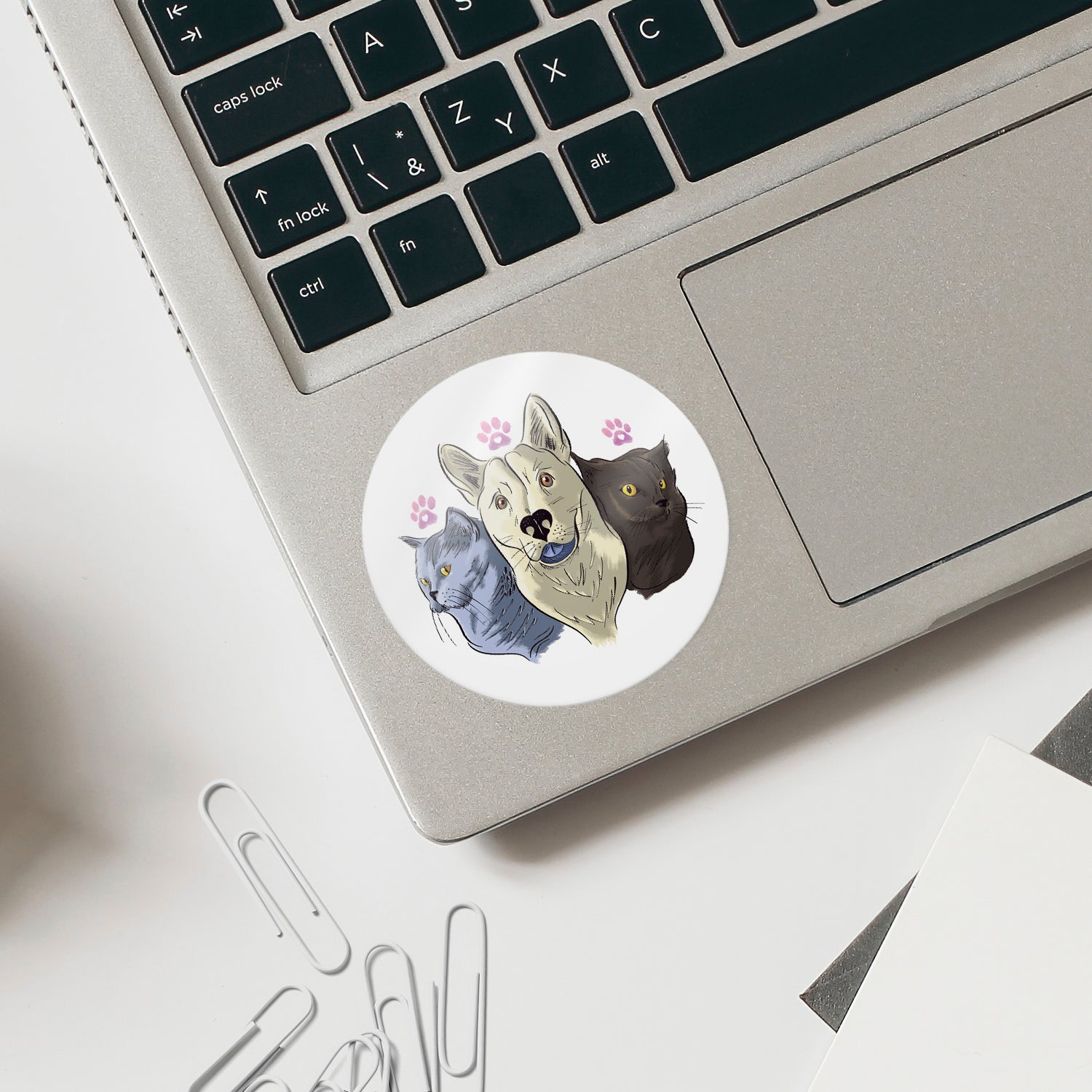 Lifestyle laptop use image: calligraphy animal portrait vinyl sticker - PAWesome trio dog and cat
