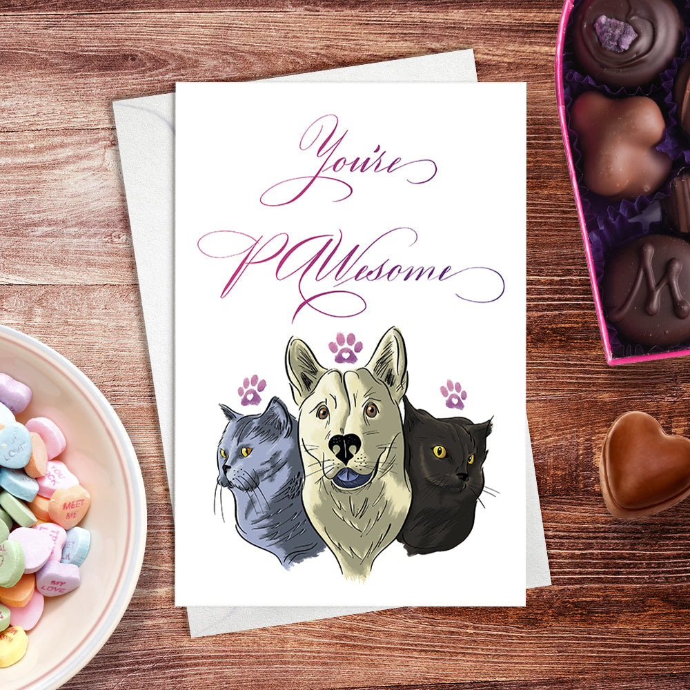 Lifestyle desk image: calligraphy valentines anniversary animal greeting card - You're Pawesome!