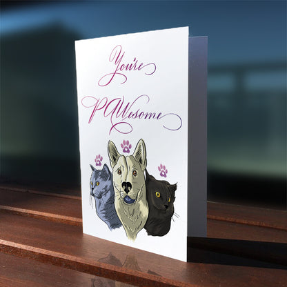 Lifestyle outdoor image: calligraphy valentines anniversary animal greeting card - You're Pawesome!