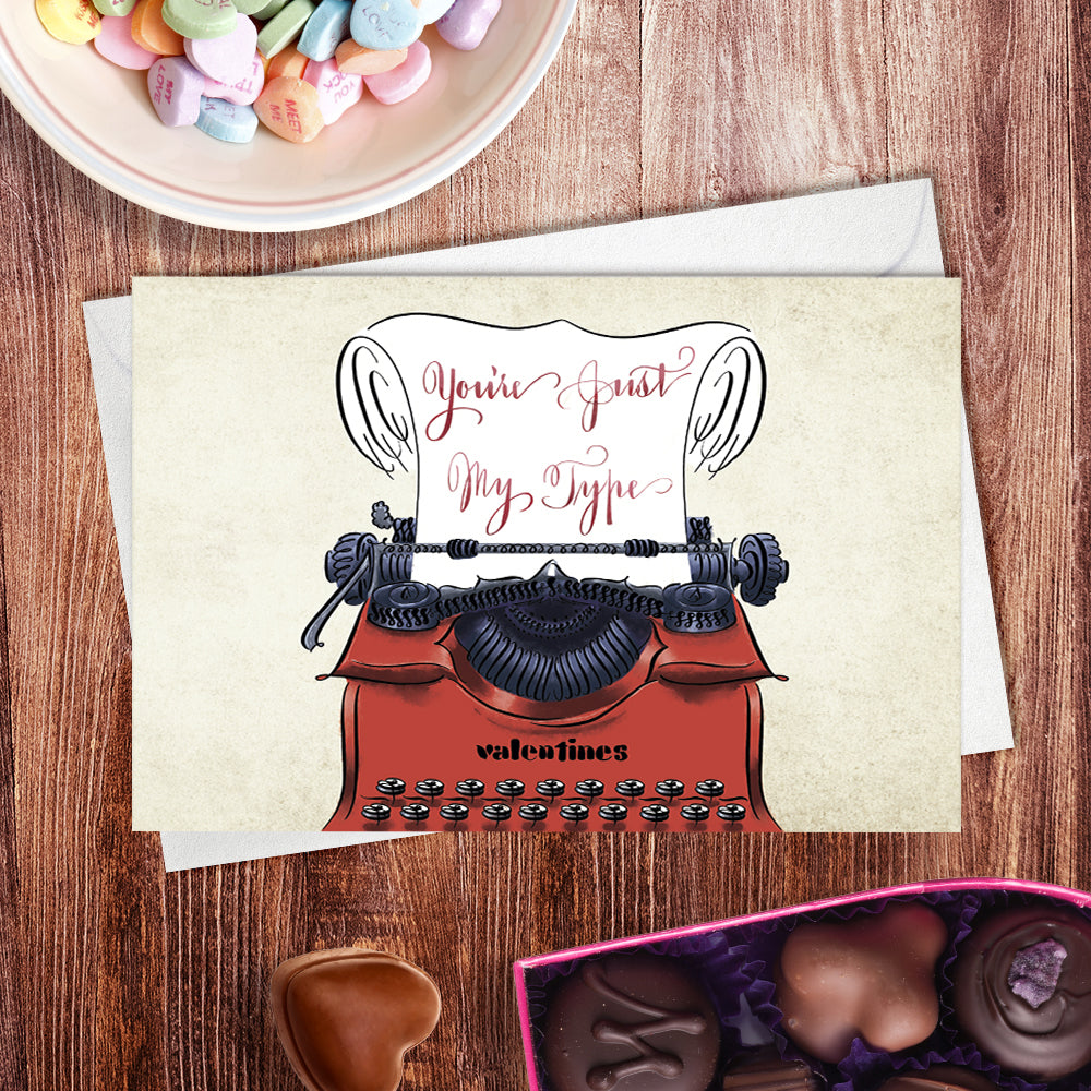 Lifestyle desk image: Calligraphy valentines anniversary typewriter greeting card: You're Just My Type