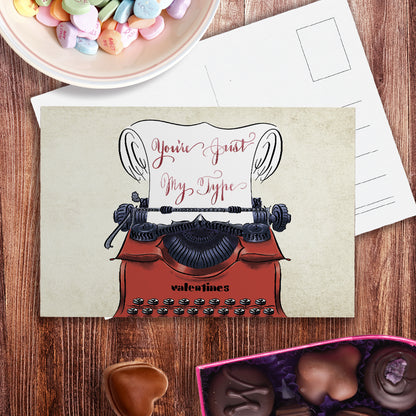 LIfestyle desk image: Calligraphy valentines anniversary typewriter postcard: You're Just My Type