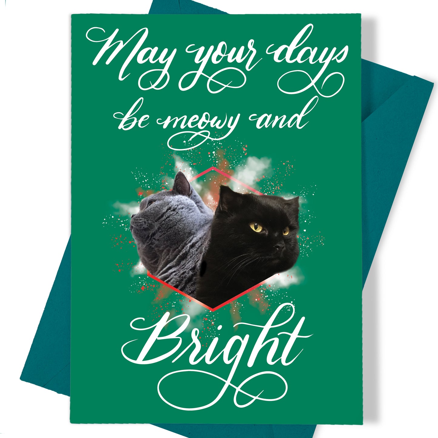 A thumbnail view of the greeting card: "May Your Days be Meowy and Bright!"