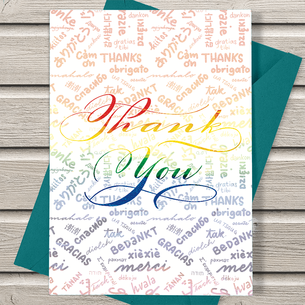 Mockup image: Thank you Greeting Card=; Background: "thank you" translated in several languages - arigatou, orbrigato, gracias, merci | Calligraphy and Stationery, Nibs and Scripts