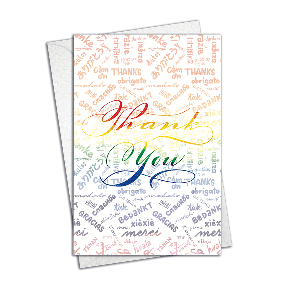 Isolated Mockup image: Thank you Greeting Card=; Background: "thank you" translated in several languages - arigatou, orbrigato, gracias, merci | Calligraphy and Stationery, Nibs and Scripts