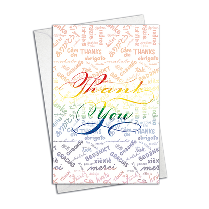 Isolated Mockup image: Thank you Greeting Card=; Background: "thank you" translated in several languages - arigatou, orbrigato, gracias, merci | Calligraphy and Stationery, Nibs and Scripts