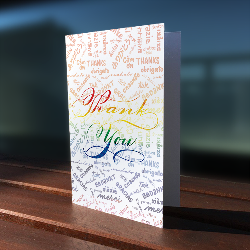 Outdoor Mockup image: Thank you Greeting Card=; Background: "thank you" translated in several languages - arigatou, orbrigato, gracias, merci | Calligraphy and Stationery, Nibs and Scripts