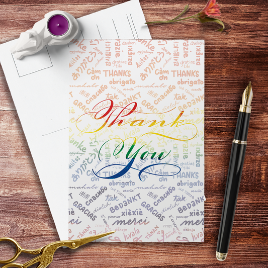 Mockup image: Thank You postcard; Text: "Thank You" with the phrase also written in several languages | Calligraphy and Stationery, Nibs and Scripts