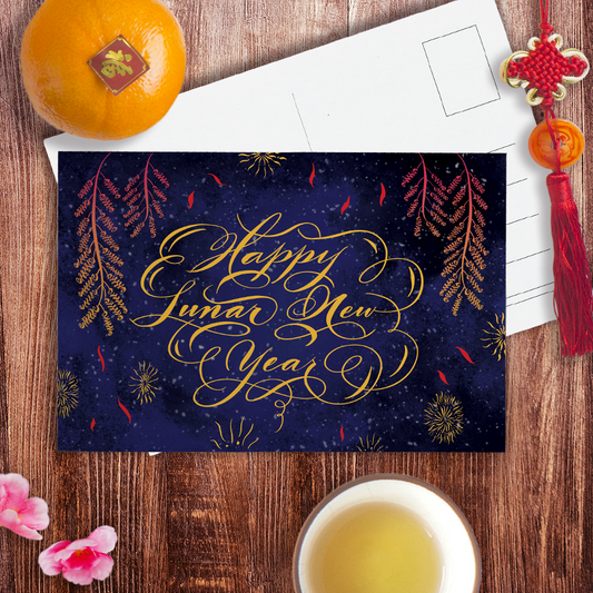 Happy Lunar New Year postcard | Calligraphy illustration of firework celebration by Nibs and Scripts