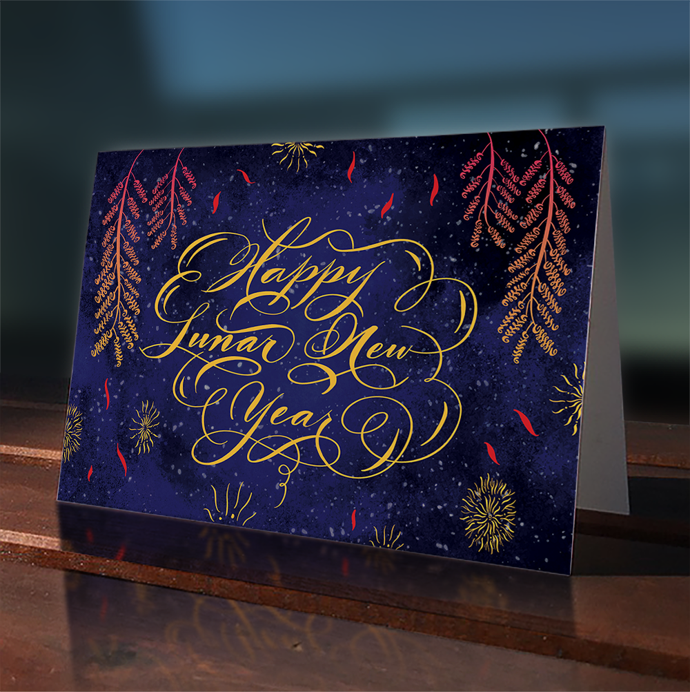 Happy Lunar New Year Greeting Card | Calligraphy illustration of firework celebration by Nibs and Scripts